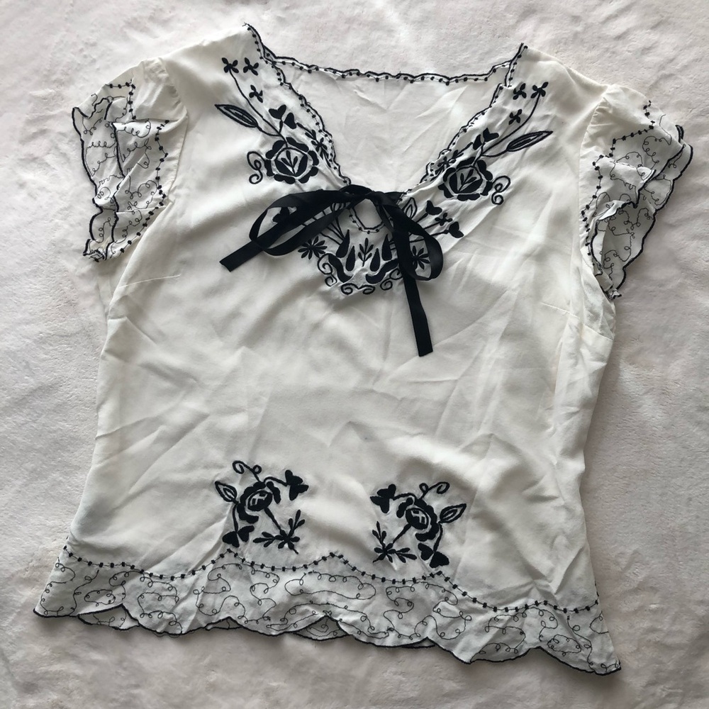 Sheer White Floral Embroidered Tie-Front Women's Top
